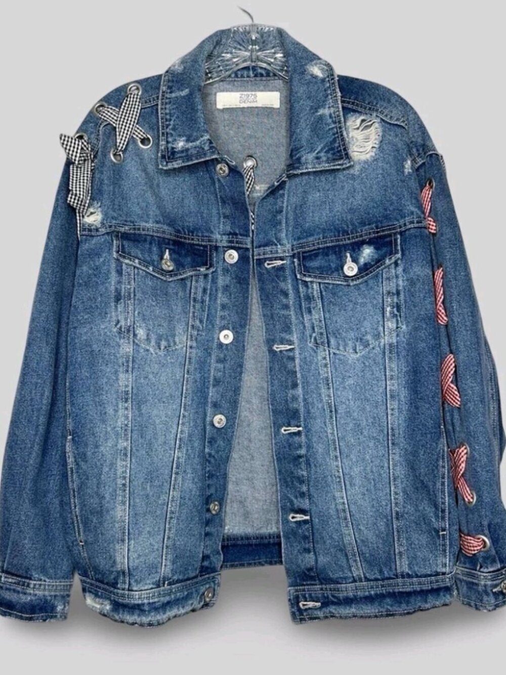 Zara Distressed Ribbon Jean Jacket Sz Small Denim Boho Western Edgy Soft-Grunge - Picture 9 of 10